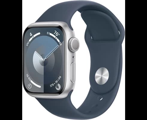 Apple Watch Series 9 GPS 45mm Silver Aluminium Case with Storm Blue Sport Band - M/L