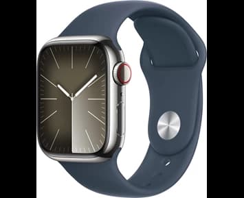 Apple Watch Series 9 GPS + Cellular 41mm Silver Stainless Steel Case with Storm Blue Sport Band - S/M